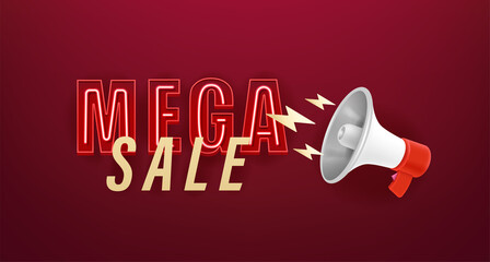 Mega sale announce banner. Cute cartoon 3d style vector illustration