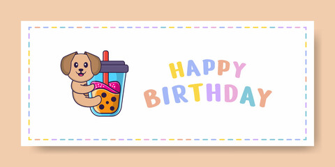 Happy Birthday banner with Cute dog cartoon character. Vector Illustration