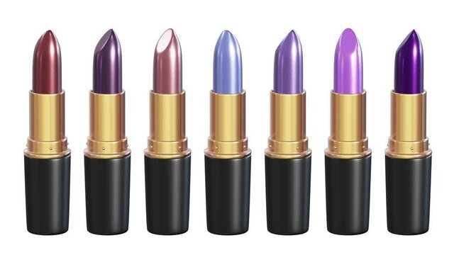 Realistic 3D animation of the trendy colors shiny lipsticks set rendered in UHD with alpha matte