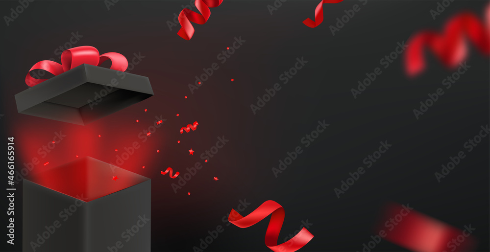 Poster black gift box with red glow. vector banner with copy space
