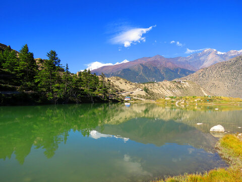 Dhumba Lake in the mountains in Jomsom, Nepal, Dhumba Lake view nepal.