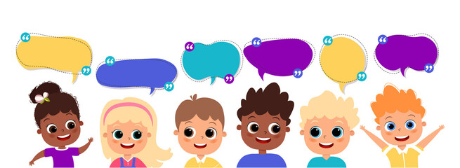 Multinational children talking with speech bubbles. Happy cartoon diverse kids have dialog. Cute girls and boys with dialog boxes. Different nationalities with speech bubbles vector flat illustration