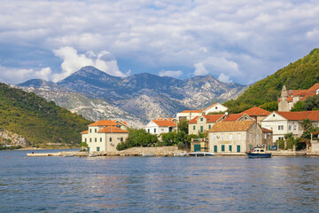 Fototapeta na wymiar Beautiful autumn Mediterranean landscape. Montenegro, Adriatic Sea. View of Kotor Bay and Lepetane village