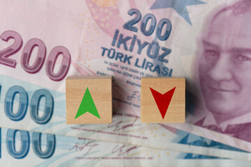 Turkish currency changing interest rates. Red and green arrow symbol on wooden cube.
