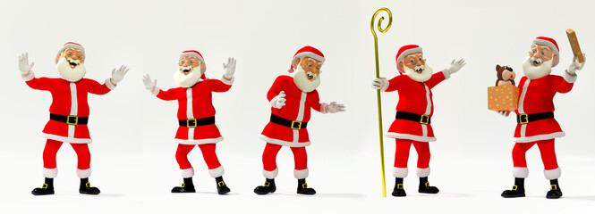 Santa Claus in five varied positions. Cartoon 3D illustration style.