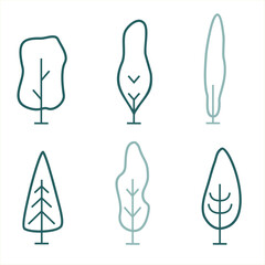 Collection of outline trees. Forest, park, and garden tree linear signs collection. Simple geometric tree contour symbols for the entourage. Vector illustration. 