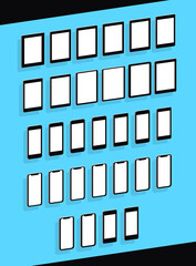 All Apple devices with transparent backgrounds in 3D isometric view. Vector devices and smartphones in front view - Set with 30 iPhone, iPad, iPod templates with specs and safe area over blank screen