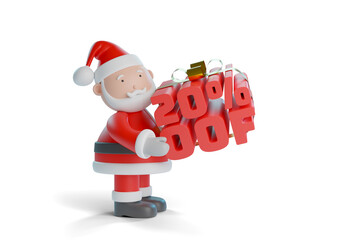 Cartoon Santa Claus carrying 20 percent off text isolated on white background. Christmas concept. 3d illustration.