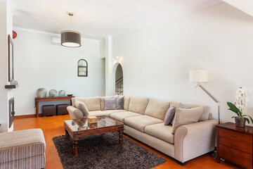 Modern traditional European living room, with fireplace and coffee table views and a comfortable sofa with pillows.
