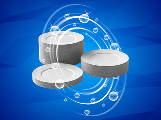 Stack of clean plates with water splash on blue background. 3d illustration.