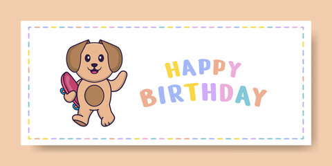 Happy Birthday banner with Cute dog cartoon character. Vector Illustration