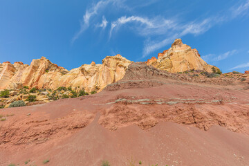 Amazing rock landscape. Orange rock slopes. Scenic view of the canyon. Beautiful view of the Burr trail road, Utah, USA