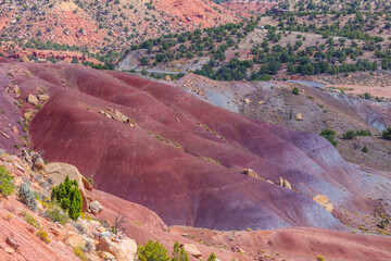 Amazing violet-red hills. Beautiful view of the Burr trail road, Utah, USA
