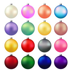 A set of colorful Christmas balls: red, green, blue, purple, pearl, metal. Isolated realistic balls. Vector image with a New Year theme