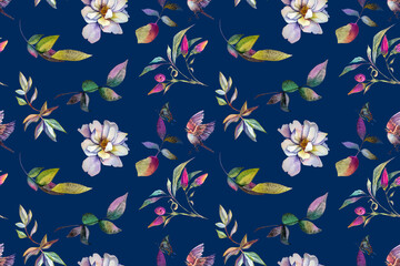 Obraz premium Seamless floral pattern of blooming roses, peonies, lilies, leaves, birds and butterflies. Pattern from watercolor botanical illustrations. Spring bouquet. Design for wedding, birthday.