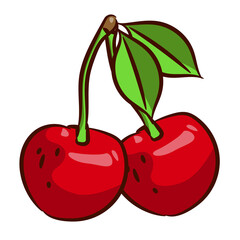 Two cherries on one branch isolated on white background.Fresh cherry illustration.Illustration in ink hand drawn 