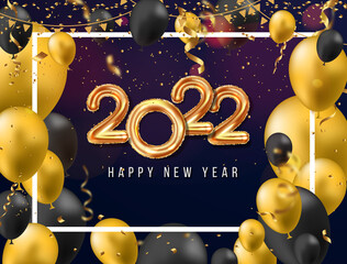 2022 New Year. 2022 Happy New Year greeting card. 2022 Happy New Year background isolated on transparent background. 2022 Happy New Year background with gold glitter champagne bottle.