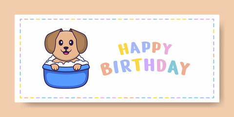 Happy Birthday banner with Cute dog cartoon character. Vector Illustration