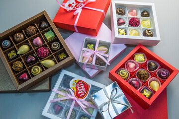 Chocolate candies in a box, set of chocolates