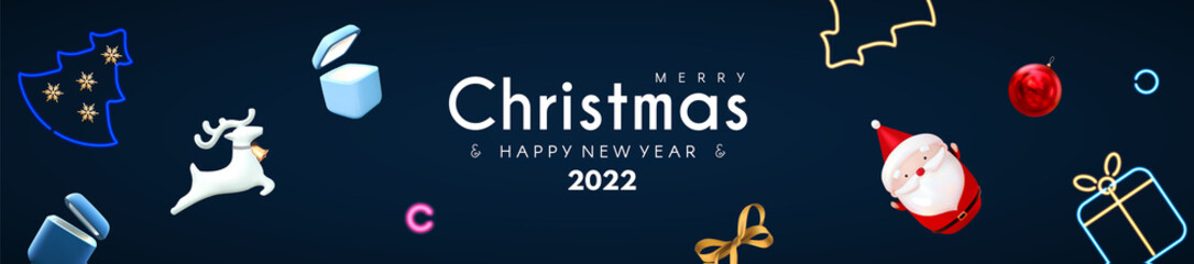 Christmas header design template with Santa Claus, deer, gift boxes, ball, fir tree and neon light effect.