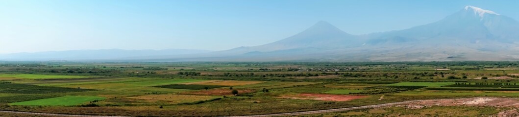 Armenia, Khor Virap, September 2021. Panorama of large and small Ararat from the walls of the monastery.
