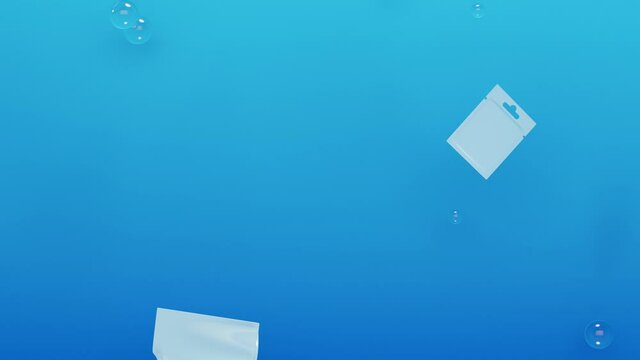 Plastic debris floating underwater in the ocean. Environmental pollution concept. Minimal modern  motion design. Abstract animation