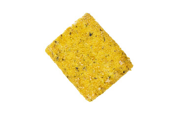 Frozen breaded fish fillet isolated on white