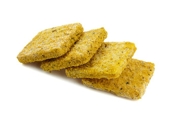 Frozen breaded fish fillets isolated on white