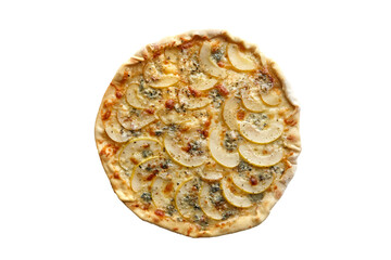 Pizza with cheese and pear fruit isolated on white background top view