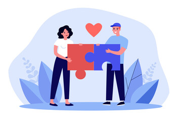 Couple connecting puzzle of relationship. Man and woman holding puzzle pieces together flat vector illustration. Relationship, romance, love concept for banner, website design or landing web page