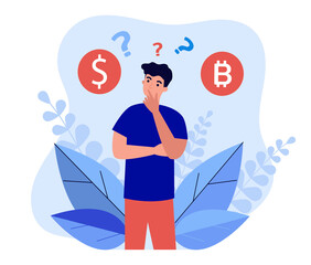 Man thinking about buying bitcoin. Male character standing with question mark and currency symbols flat vector illustration. Bitcoin investment concept for banner, website design or landing web page