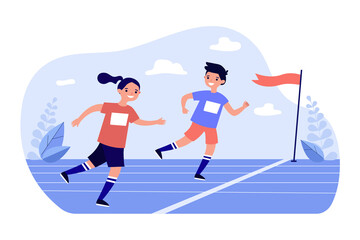 Kids runners running fast to finish line on marathon race. Happy boy and girl jogging flat vector illustration. School sport competition concept for banner, website design or landing web page