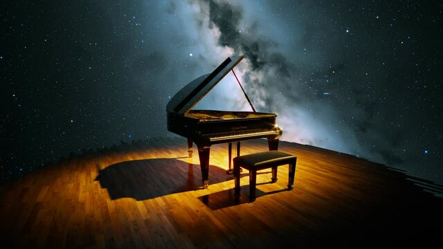 Luxurious grand piano standing on a stage against a starry night sky background.