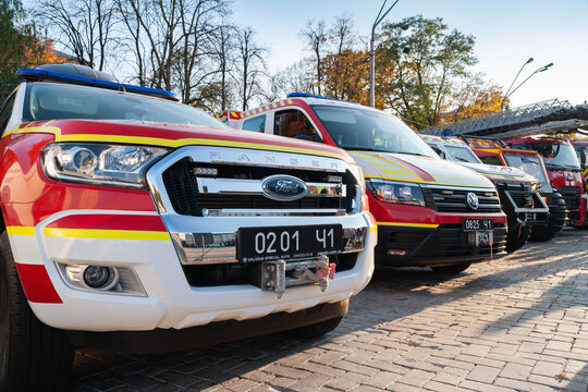 Close-up of the cars of the rescue service of Ukraine. Exhibition of technology. Rescue equipment. Ukraine. Kiev. October 15, 2021.