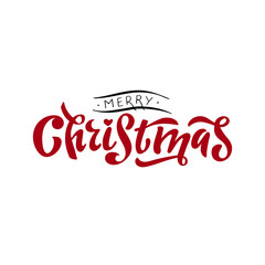 Merry Christmas, celebrating card concept. Black and red letters with ribbon on white background. Vector brush lettering, Hand-drawn modern calligraphy for holiday banners, invitations