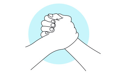 Peace line art concept. Friendly handshake. No racism, no war. Symbol of respect and partnership. Human hands on white background.  Hand drawn linear sketch. Black silhouette. Vector, isolated