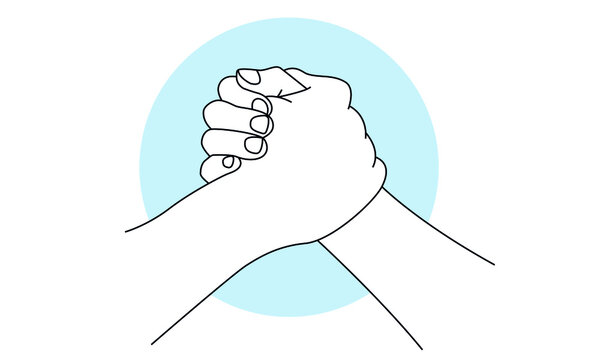 Peace line art concept. Friendly handshake. No racism, no war. Symbol of respect and partnership. Human hands on white background.  Hand drawn linear sketch. Black silhouette. Vector, isolated