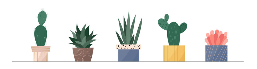 Trendy collection of home cute houseplants in flowerpots pack icons. Set of mini cactus and succulents in pots modern illustrations. Cozy vector cacti decoration elements in flat swiss graphic style.