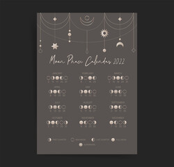 One page moon black retro calendar 2022 year. Modern boho moon calendar poster template design. Lunar phases schedule and cycles. Vector background. Vintage dark retro decorative design.