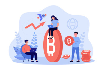 Tiny traders investing, trading in crypto market. Business people sitting near growing bitcoin flat vector illustration. Trade, cryptocurrency concept for banner, website design or landing web page