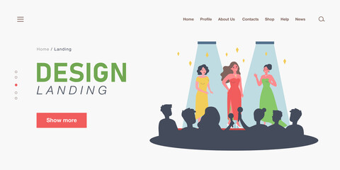 Fototapeta premium Celebrities performing on stage flat vector illustration. Popular women in chic outfits posing in front of crowd of journalists, fans. Concert, fashion show, public event, popularity concept