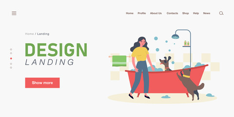 Female owner washing dogs in bathtub. Woman bathing domestic animal sitting in foamy tub flat vector illustration. Pets, hygiene, grooming concept for banner, website design or landing web page