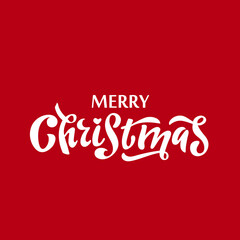Merry Christmas, White letters on the red background. Celebrating card concept.  Vector brush lettering, Hand-drawn modern style calligraphy for holiday banners, invitations