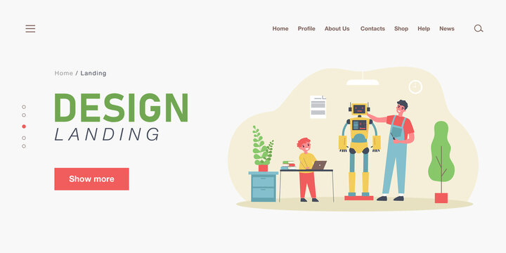Happy father and son making robot together. Man with screwdriver, child programming machine on laptop flat vector illustration. Technology, education concept for banner, website design or landing page