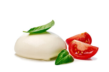 Mozzarella with tomato slices and basil on white background