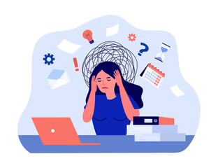 Confused female employee with chaos in head. Frustrated overworked woman with work problem flat vector illustration. Burnout, neurosis, stress, concept for banner, website design or landing web page - obrazy, fototapety, plakaty