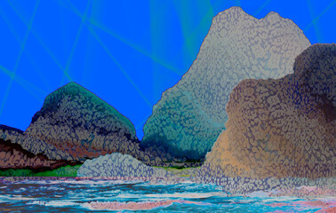 abstract art sea rocks water lighted sky beauty