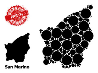 Rubber Earth stamp seal, and San Marino map mosaic of circle icons. Red round stamp seal contains Earth caption inside it. San Marino map mosaic is composed of circle.