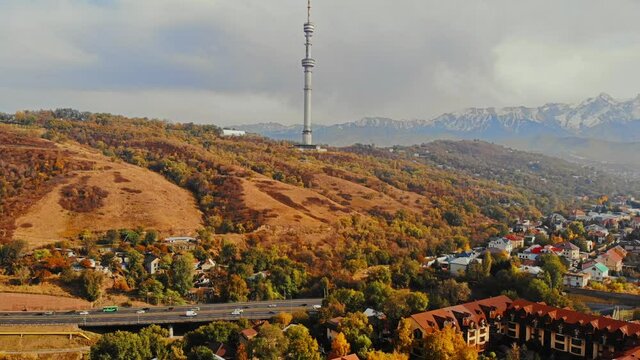 Koktobe  from a bird's eye view in the city of Almaty Kazakhstan.  Nice view of the city from the drone.
