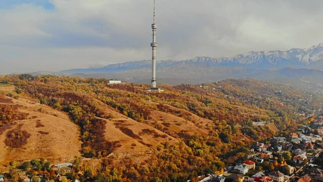 Koktobe  from a bird's eye view in the city of Almaty Kazakhstan.  Nice view of the city from the drone.